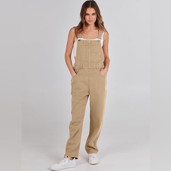 anrabess Pants - NEW Anrabess Small 4/6 Khaki Denim Overalls Cross Back Design Pockets Casual